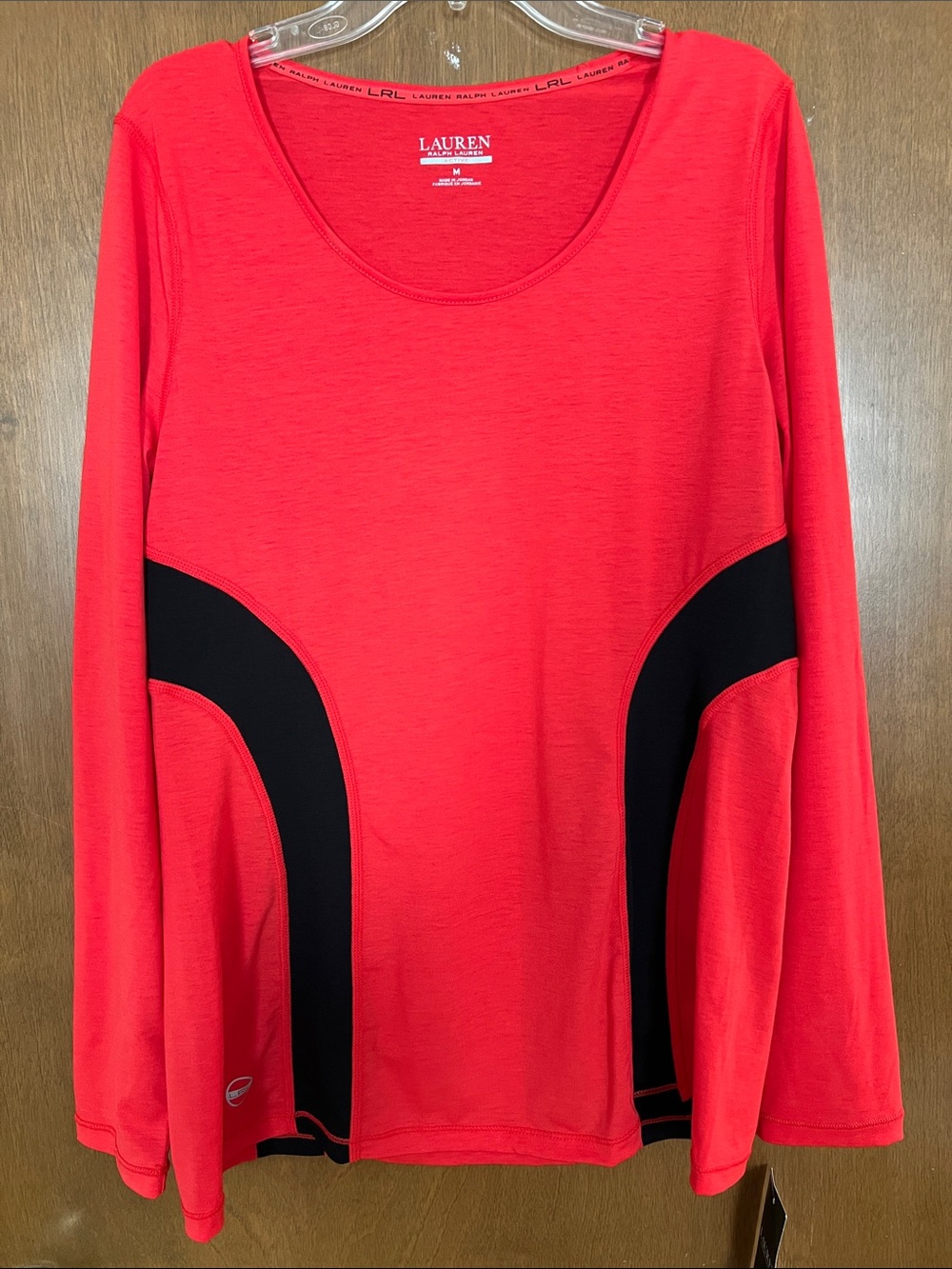 NWT Lauren RL Red Scoop-Neck Long Sleeve Top with Black Side Panels Size Medium